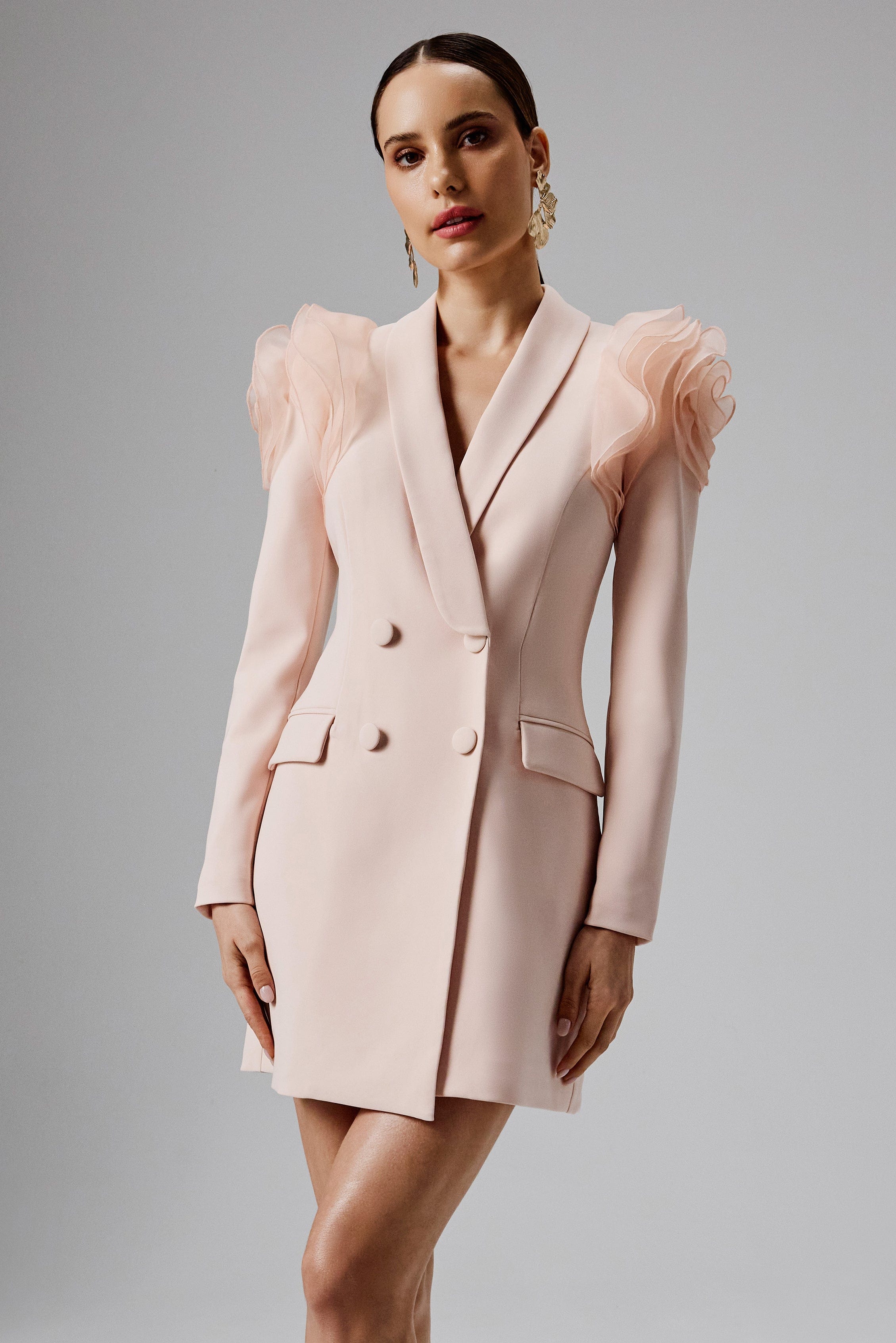 RIA Organza Rose Sleeve Blazer Mini Dress in Light Pink