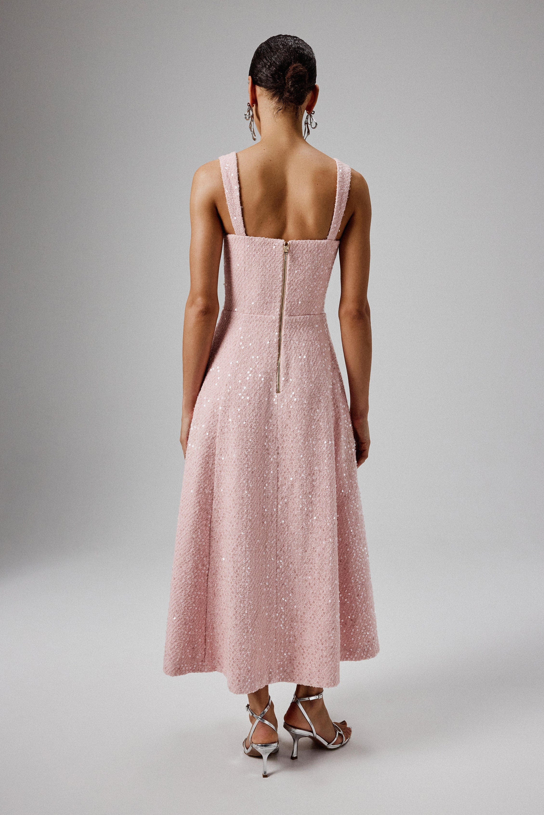 KIRA Pearl Embellished Boucle A Line Midi Dress in Pink