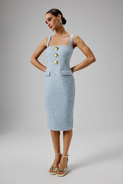 metallic boucl v-neck tailored midi dress Self Portrait Metallic Boucle Tailored Midi Dress Navy  voil.id