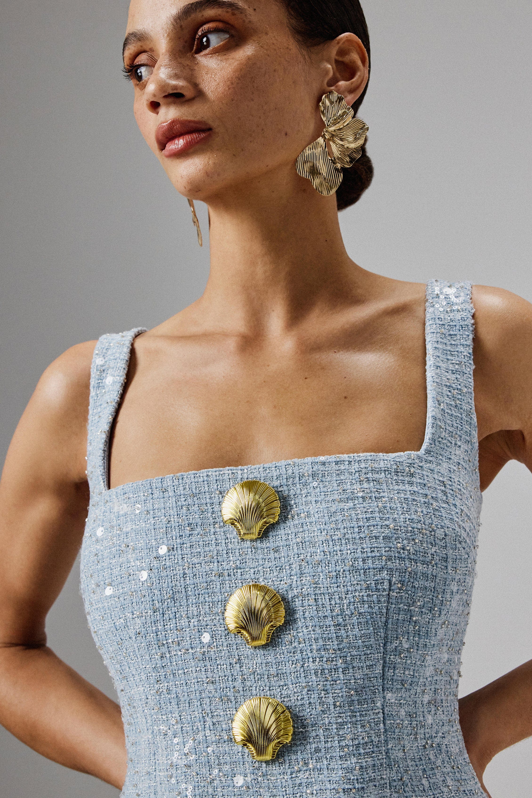 MARIE Square Neck Boucle Midi Dress with Shell Embellishment in Blue