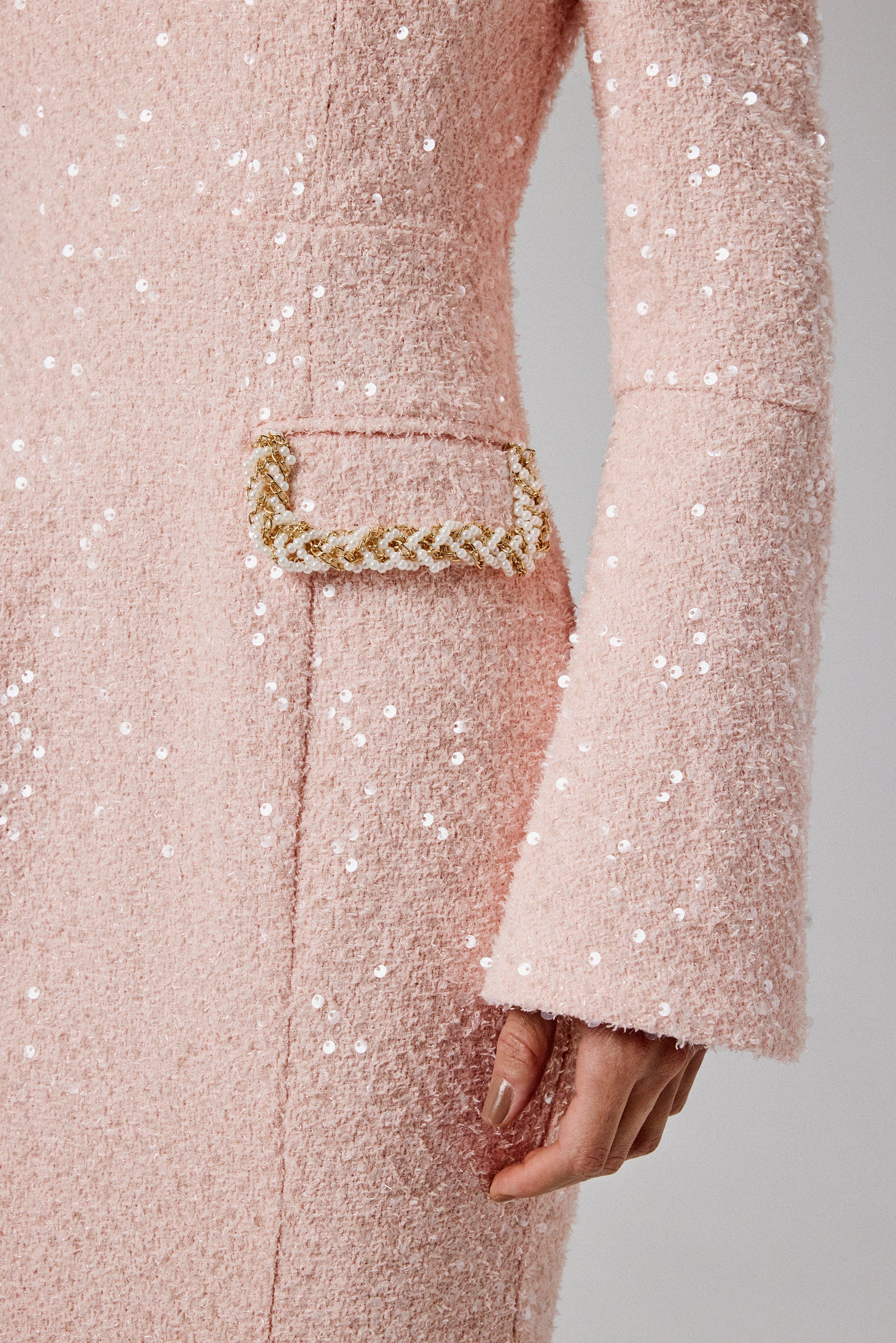 MANDI Sequin Boucle Bardot Long Midi Dress in Pink