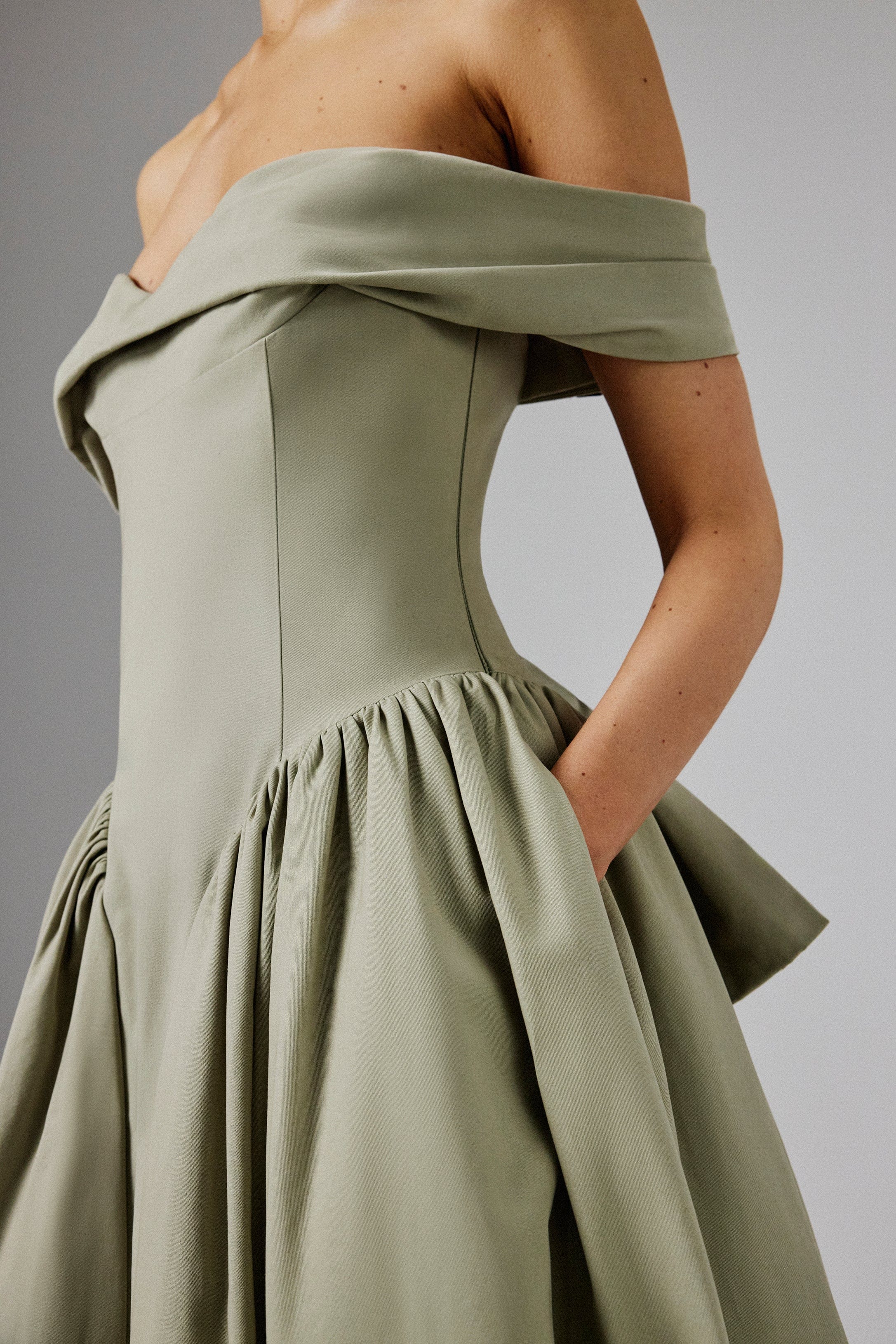 EMILY Off Shoulder Volumed Flared Sun Midi Dress in Sage Green