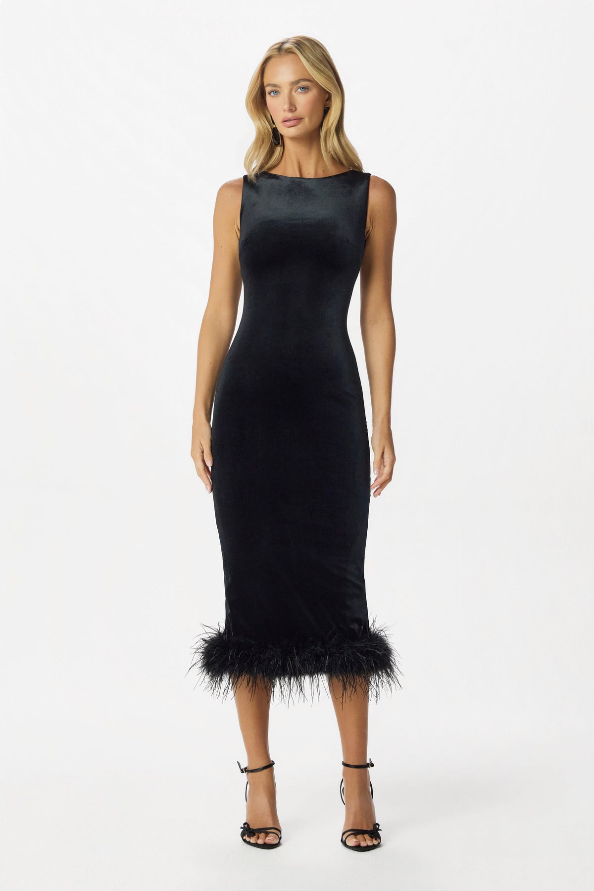 AYDA Velvet Feather Midi Dress in Black