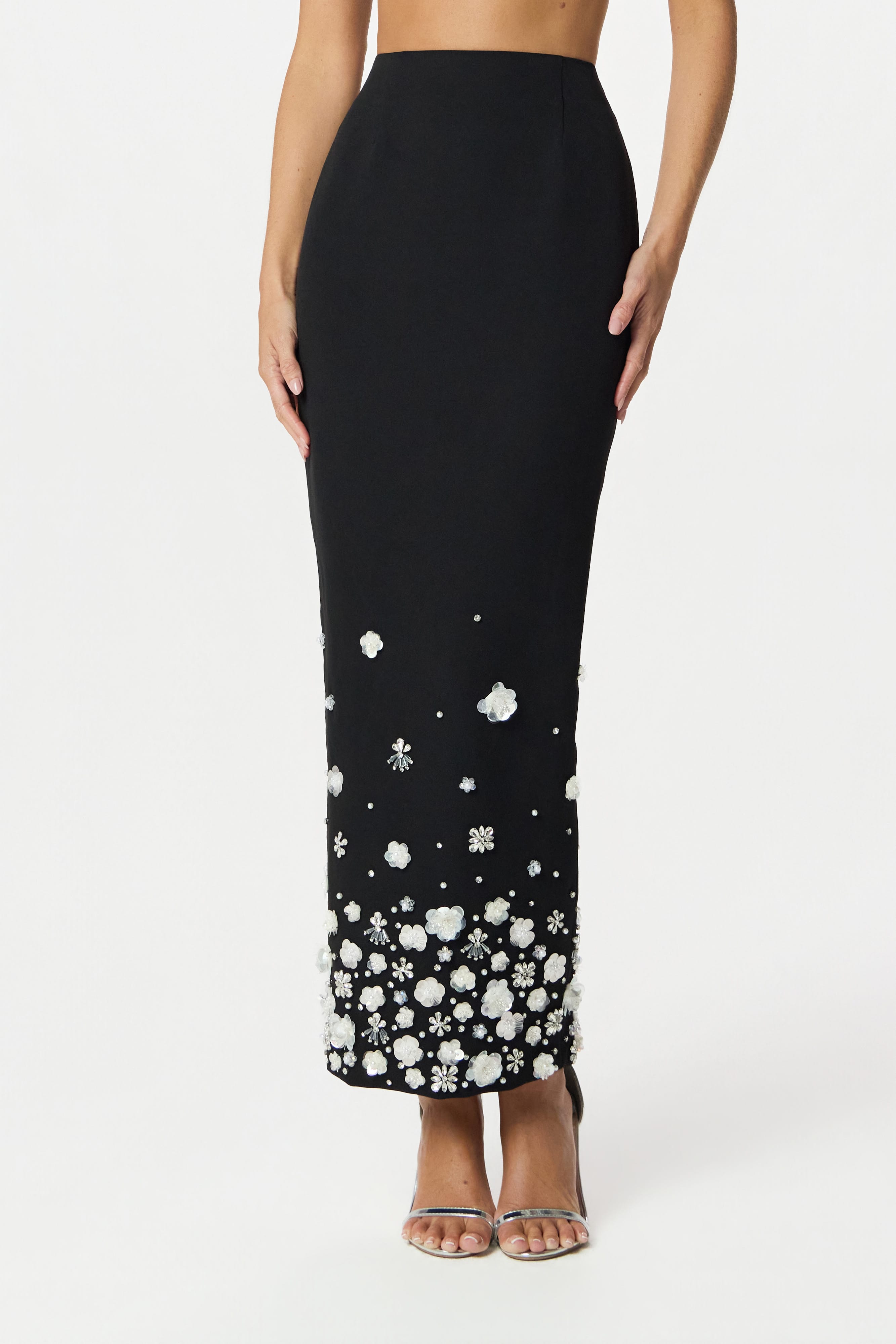 ELARA Ombre Embellished Maxi Skirt in Black
