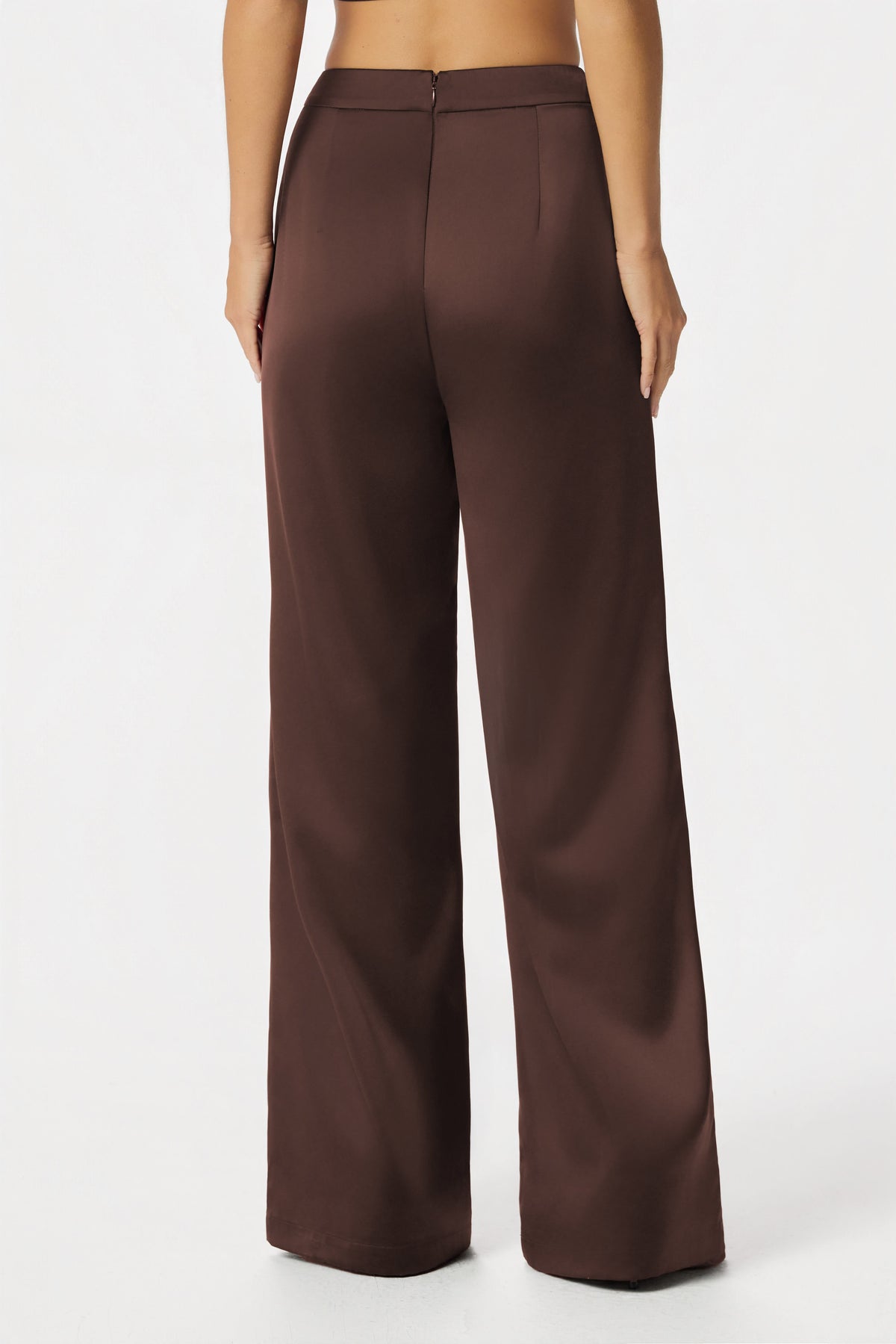 ELLIE Wide Leg Satin Trousers in Dark Brown
