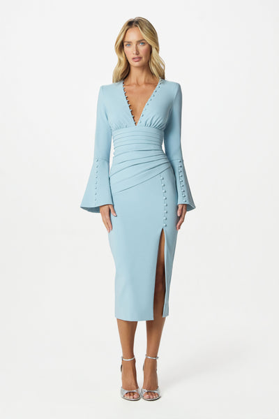 midi cocktail dress with sleeves EVELINA Plunge Neck in Light Blue diagonal premium class Length By Malene Birger Dress Color:Lavender Toile de Jouy Birds Back-In-Stock Blue