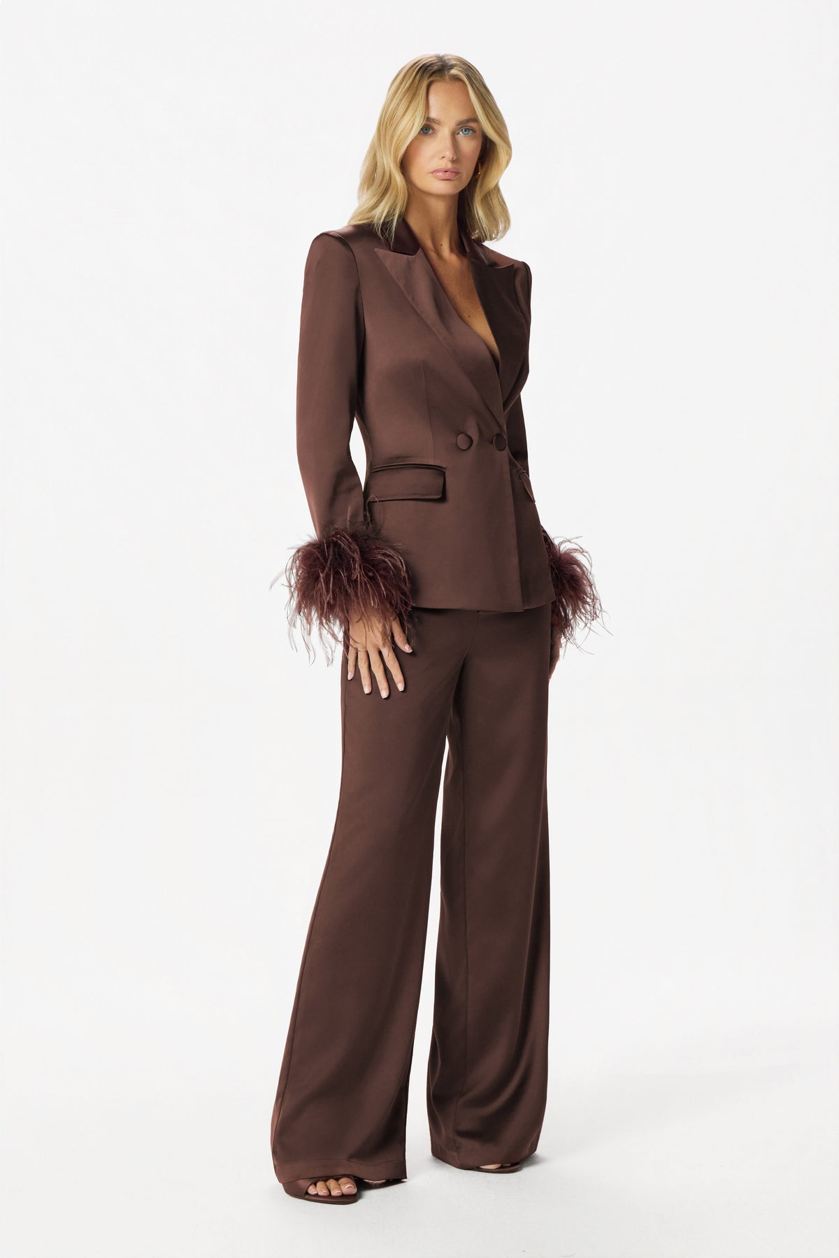 INDIE Satin Feather Blazer in Dark Brown