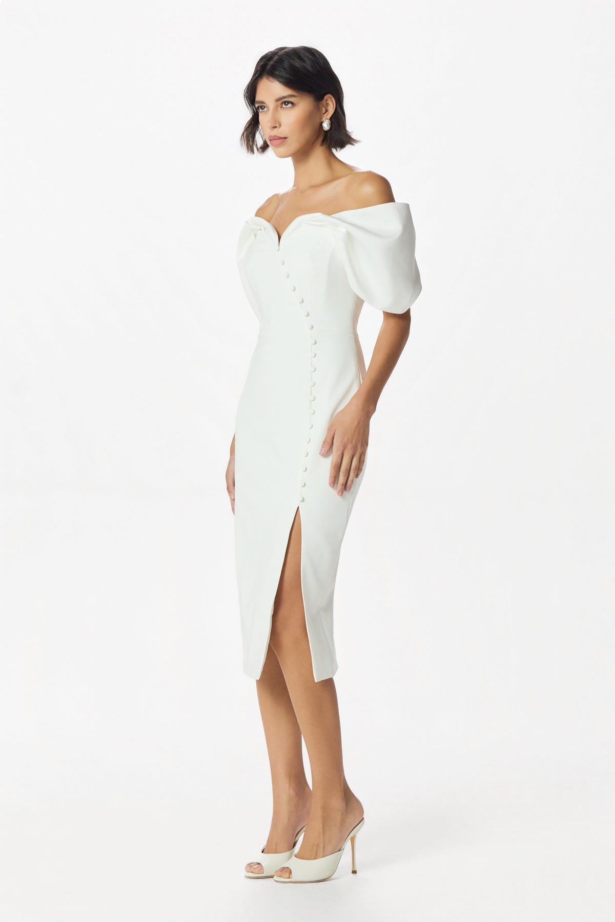 NOELLE Button Detail Midi Dress in White