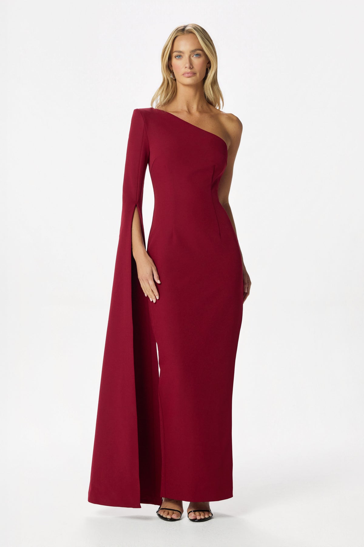 PHOEBE Cape Sleeve Maxi Dress in Burgundy
