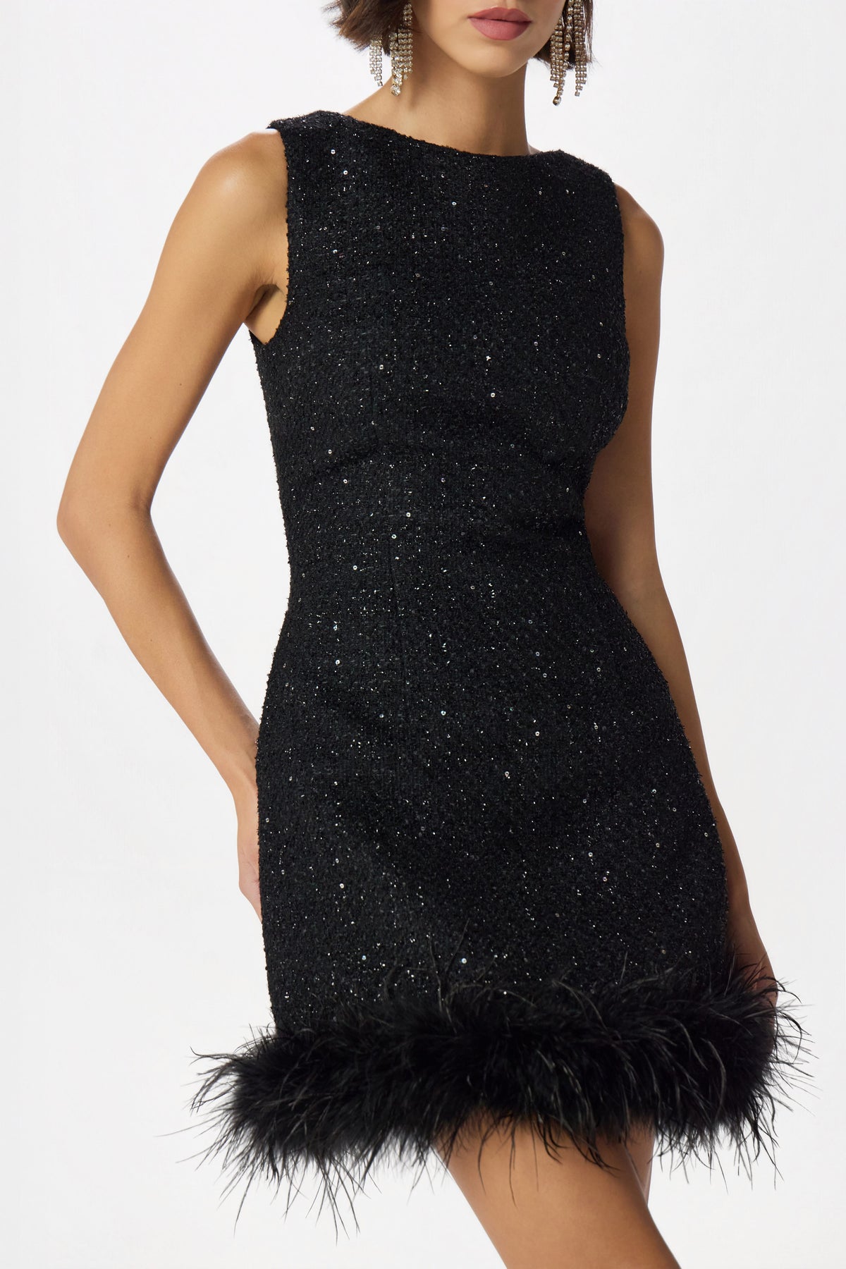 POPPI Boucle Feather Mini Dress in Black