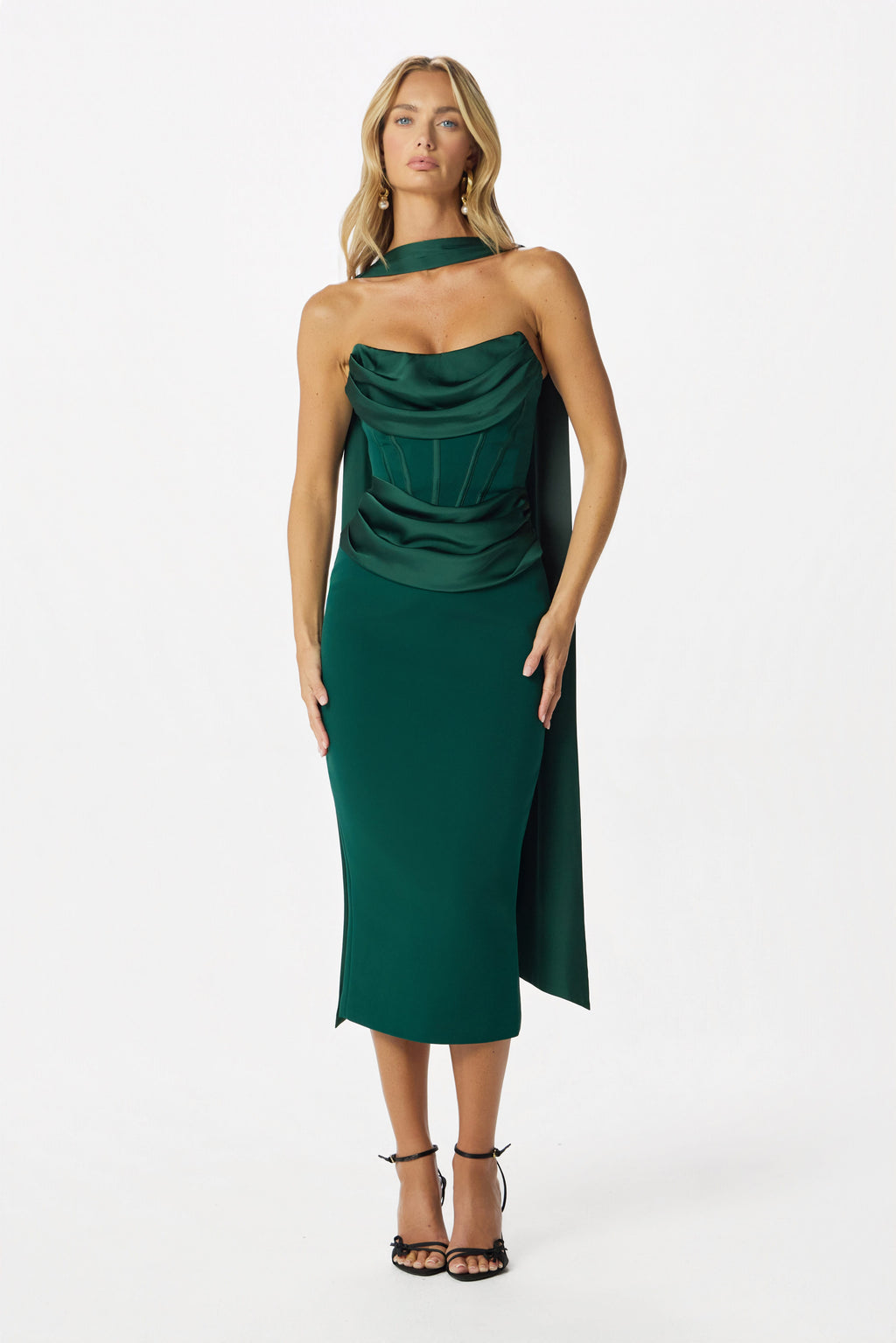 green silk dress midi ZENDEYA Bandeau Neck in Emerald neckline_Off the Shoulder