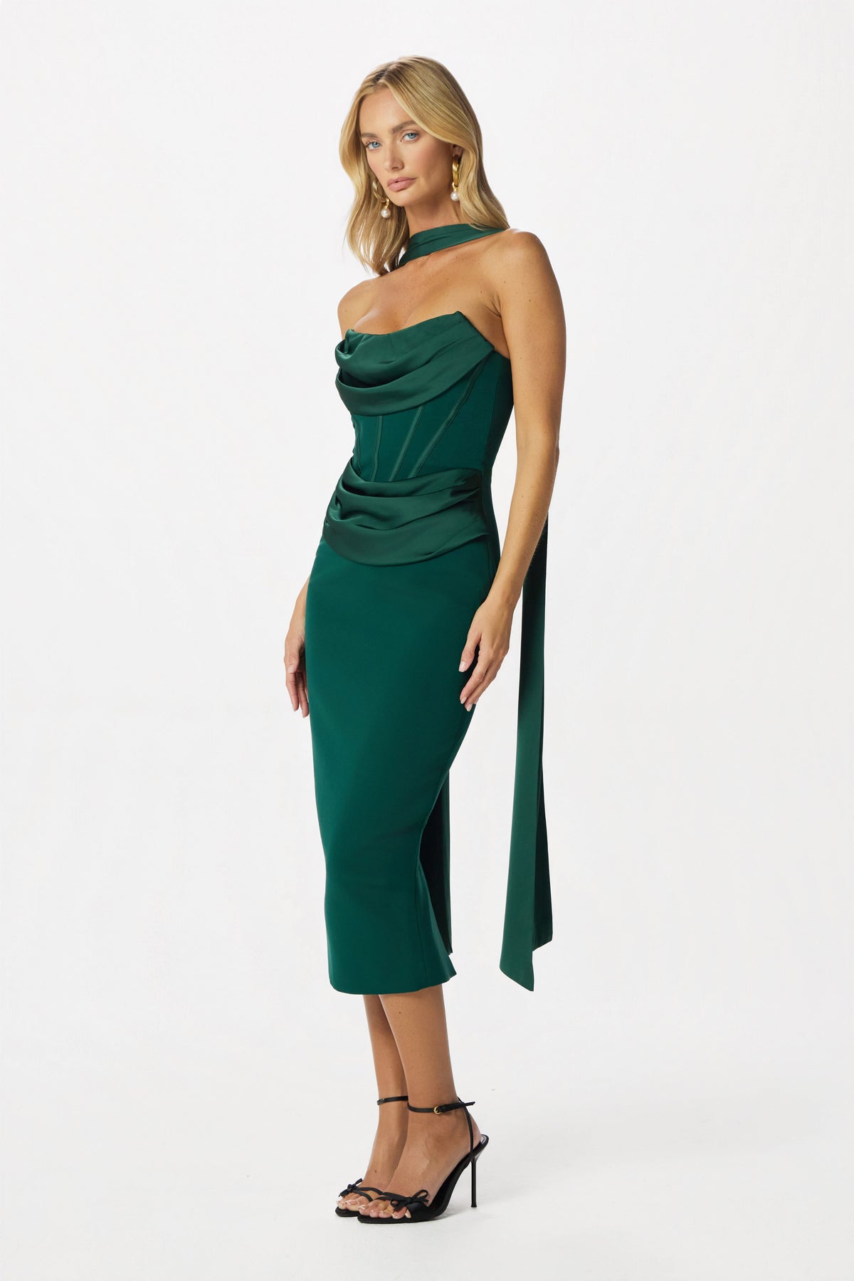 green satin dress midi ZENDEYA Bandeau Neck in Emerald st-formal-dresses