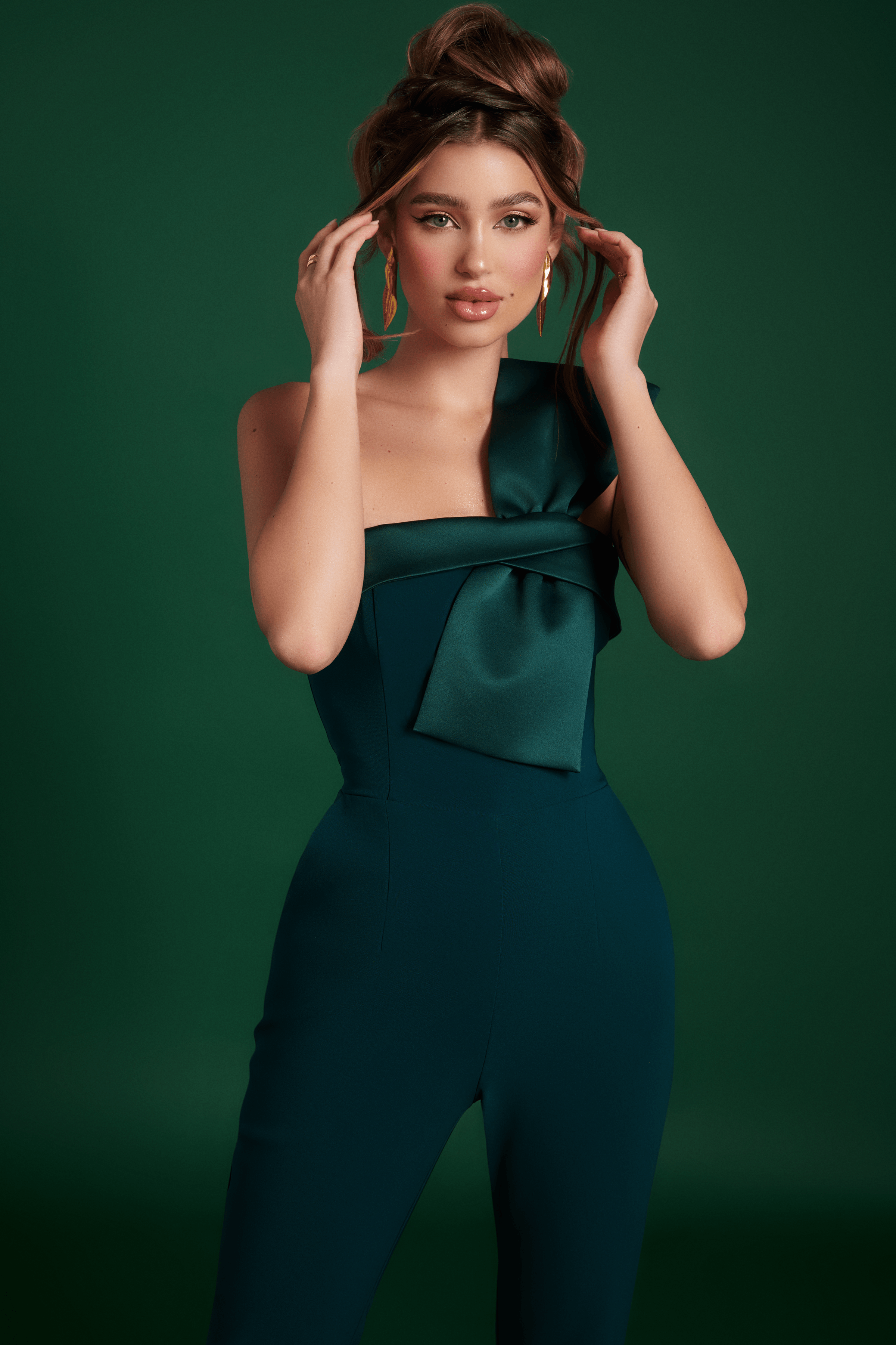 RIVER Satin Mix Bandeau Bow Detail Jumpsuit In Emerald - Lavish Alice