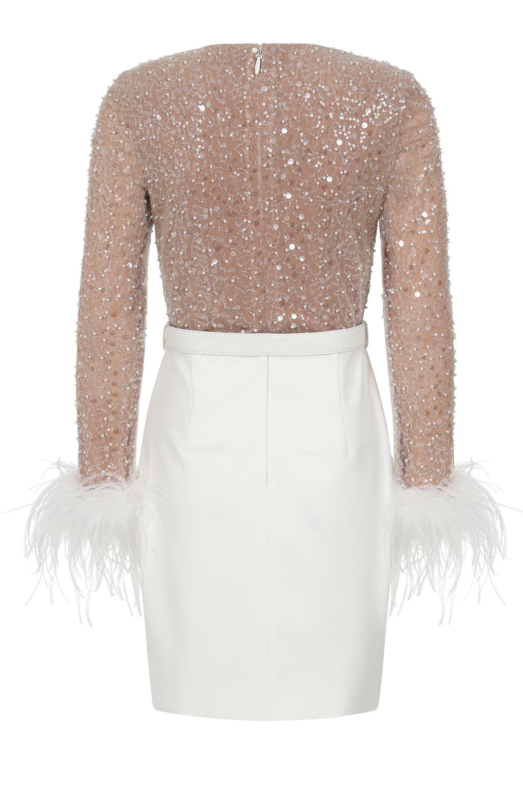 ANGELA Beaded Sequin Mini Dress In White - Lavish Alice
