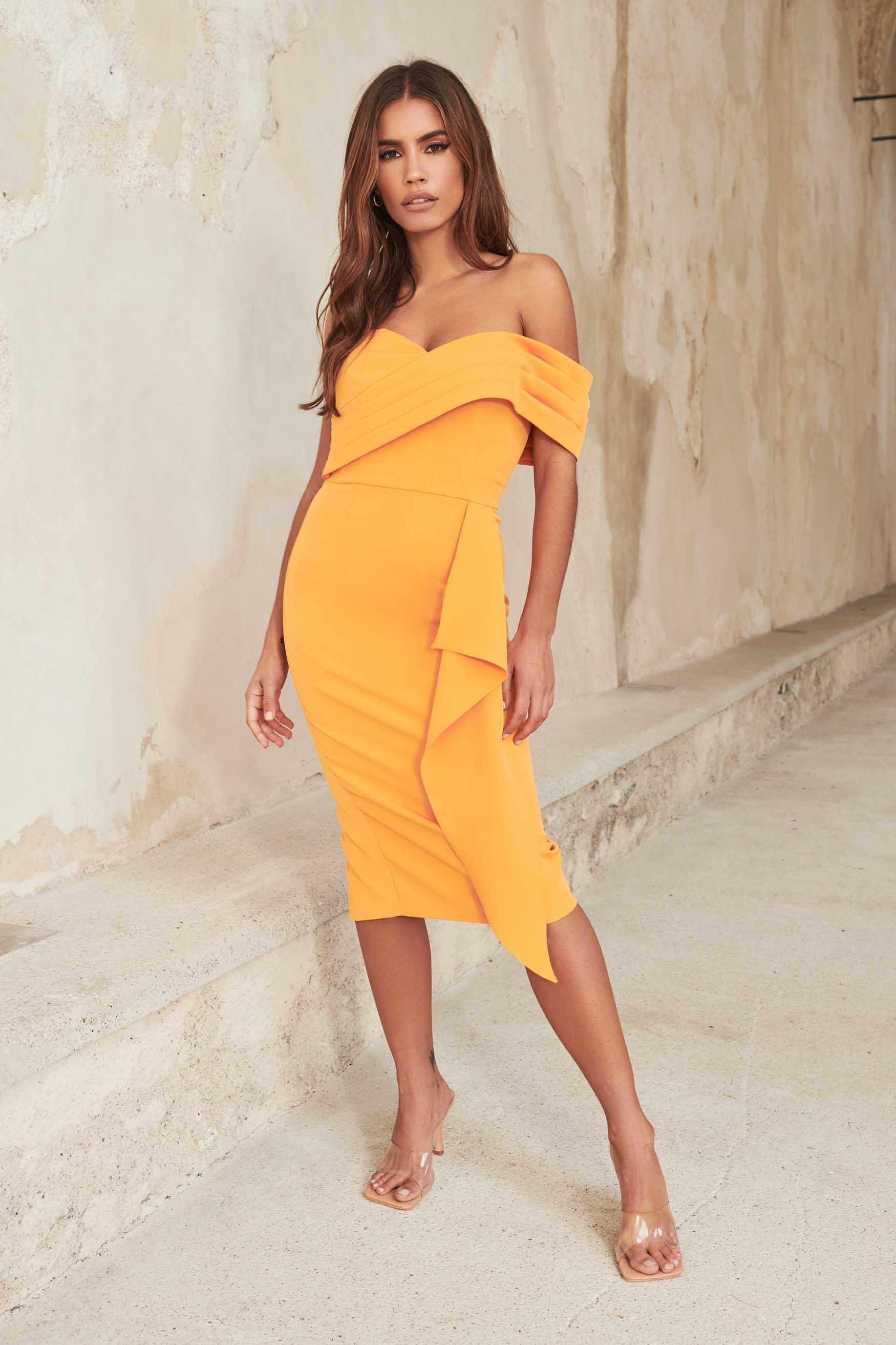 MIRIAM Pleated Bandeau Midi Dress in Orange - Lavish Alice