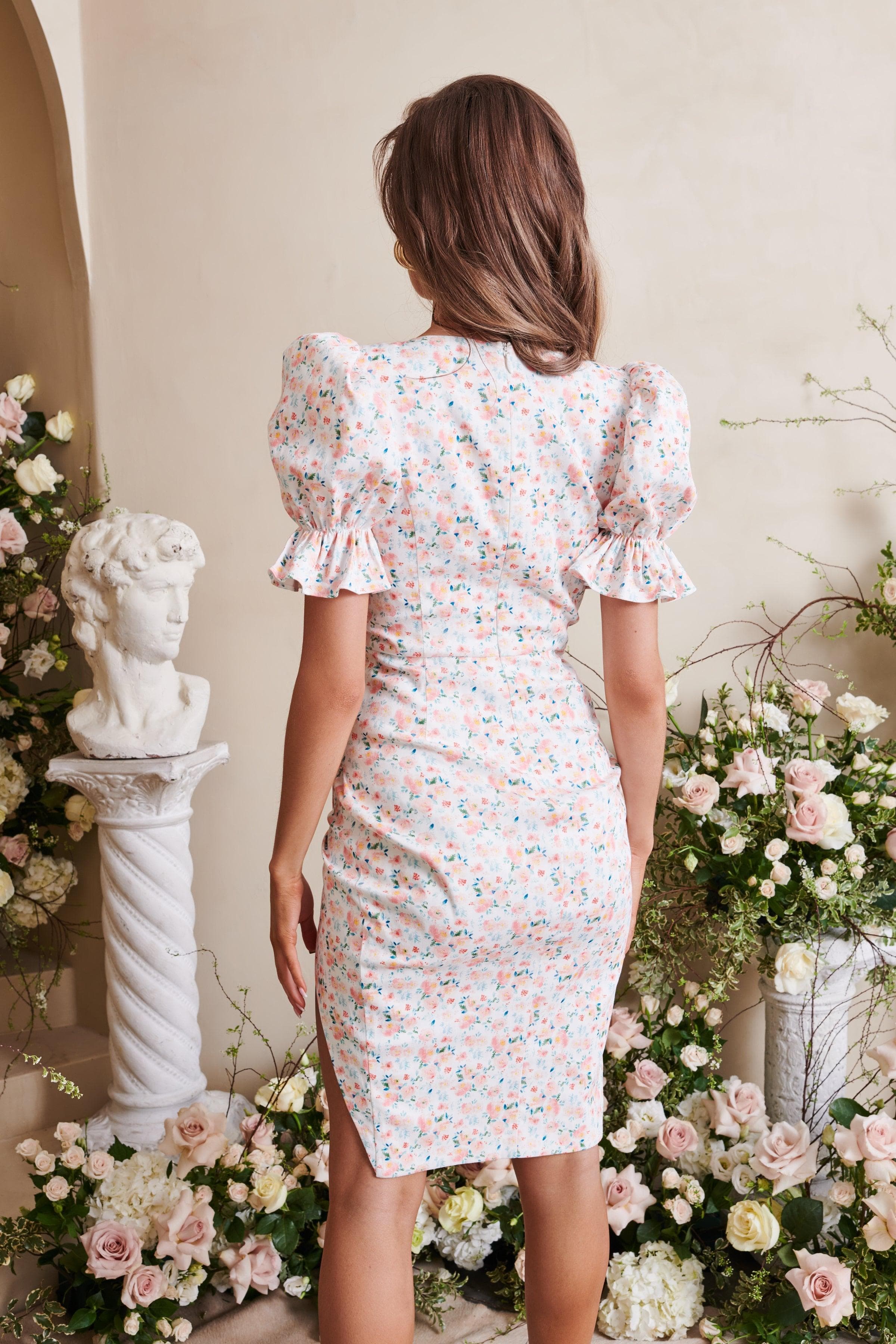 MADELYN Puff Sleeve Lace Trim Midi Dress In Coral Floral - Lavish Alice