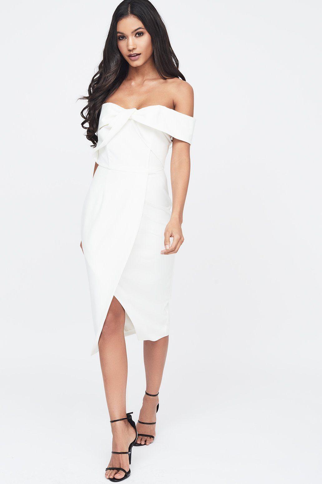 Woven Twist Bardot Midi Dress in White - Lavish Alice