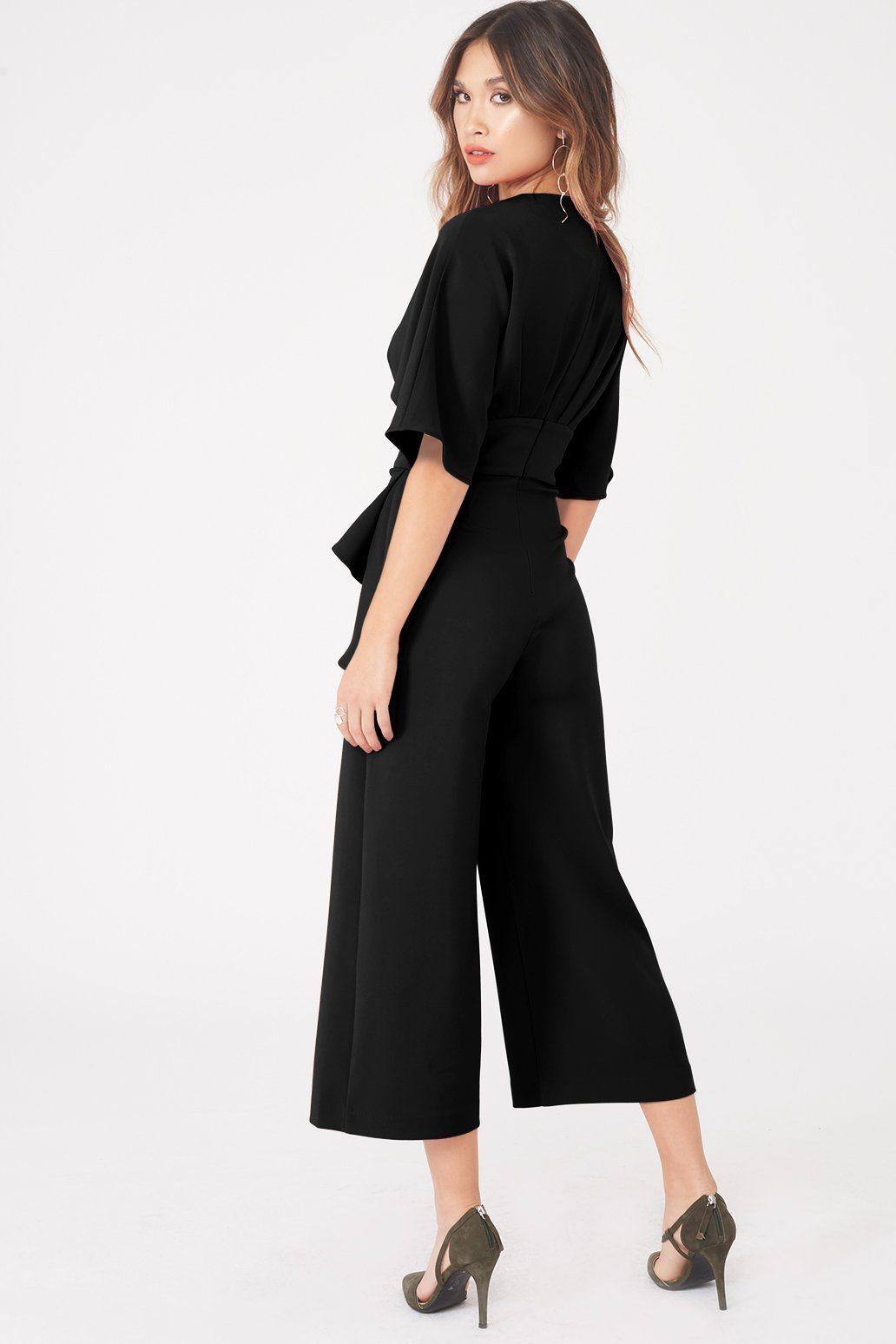 Kimono Sleeve Peplum Detail Culotte Jumpsuit in Black - Lavish Alice