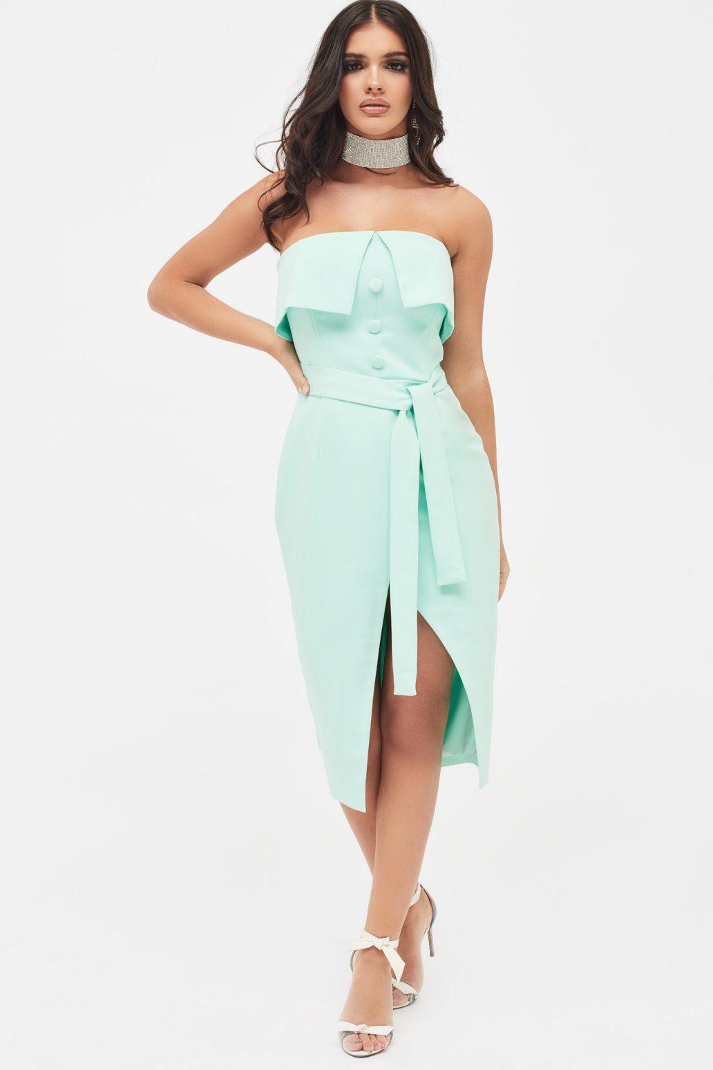 KEHLANI Double Layer Bandeau Wrap Midi Dress in Mint Green - Lavish Alice