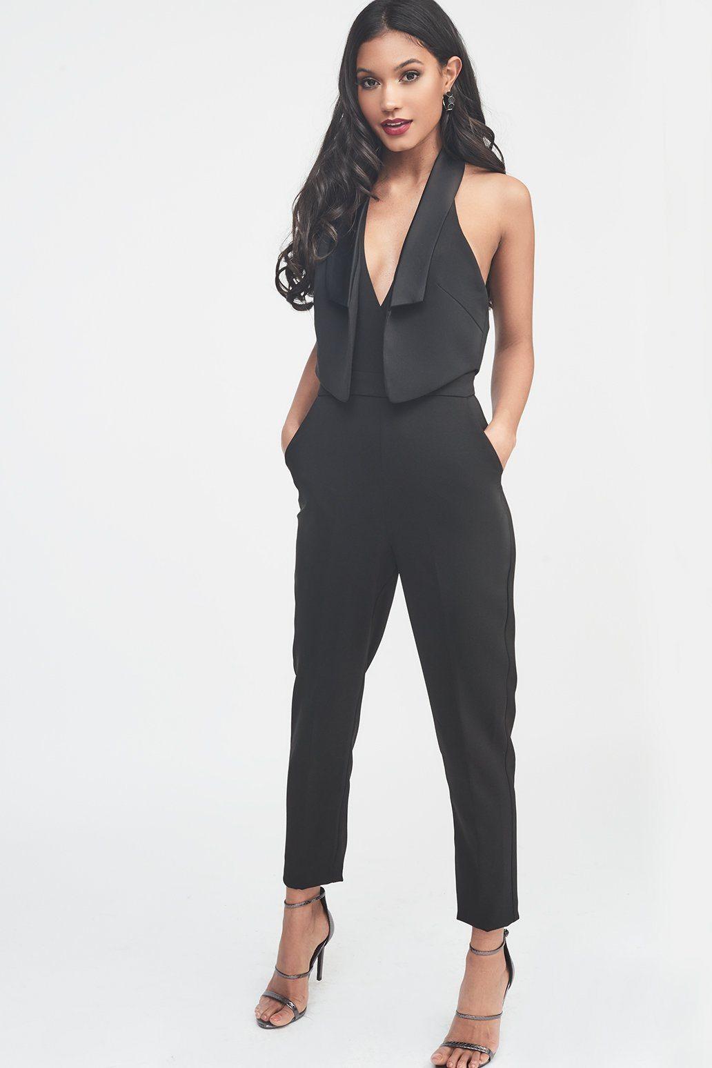 Double Layer Tuxedo Jumpsuit with Satin Lapel in Black - Lavish Alice