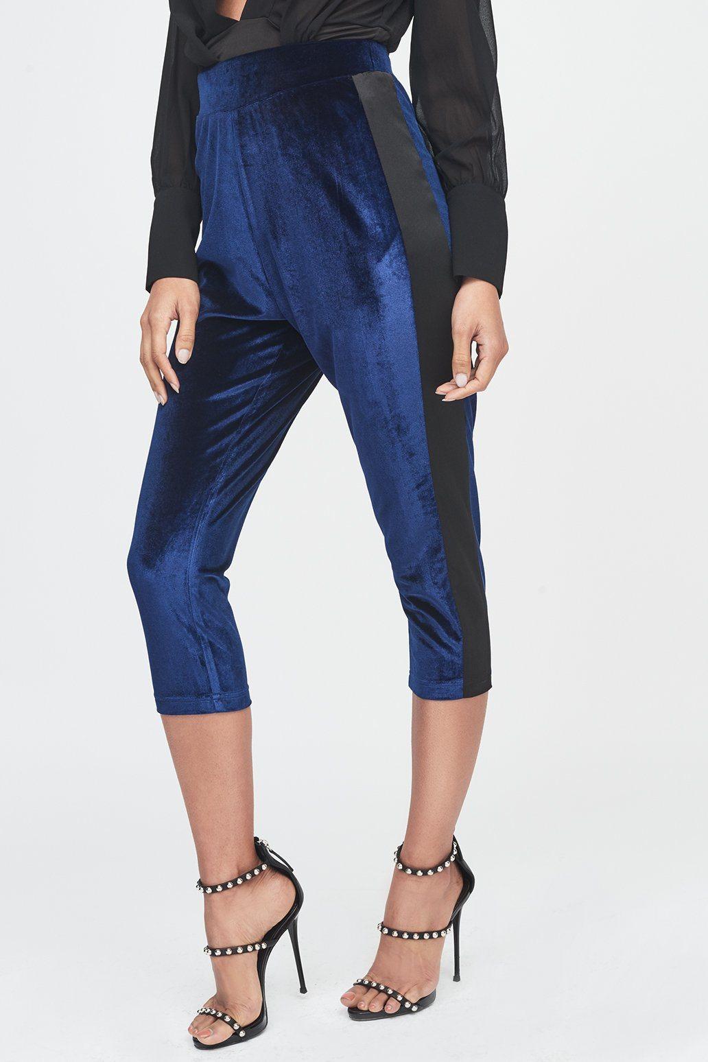 Navy Velvet High Waisted Cropped Trouser with Satin Stripe - Lavish Alice