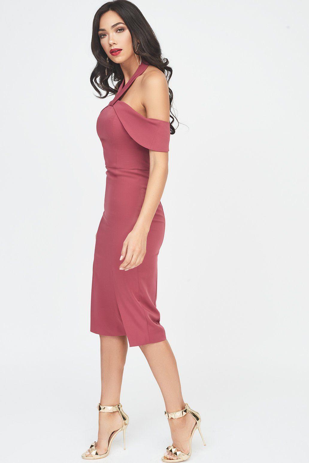 Halterneck Bardot Midi Dress in Rose - Lavish Alice