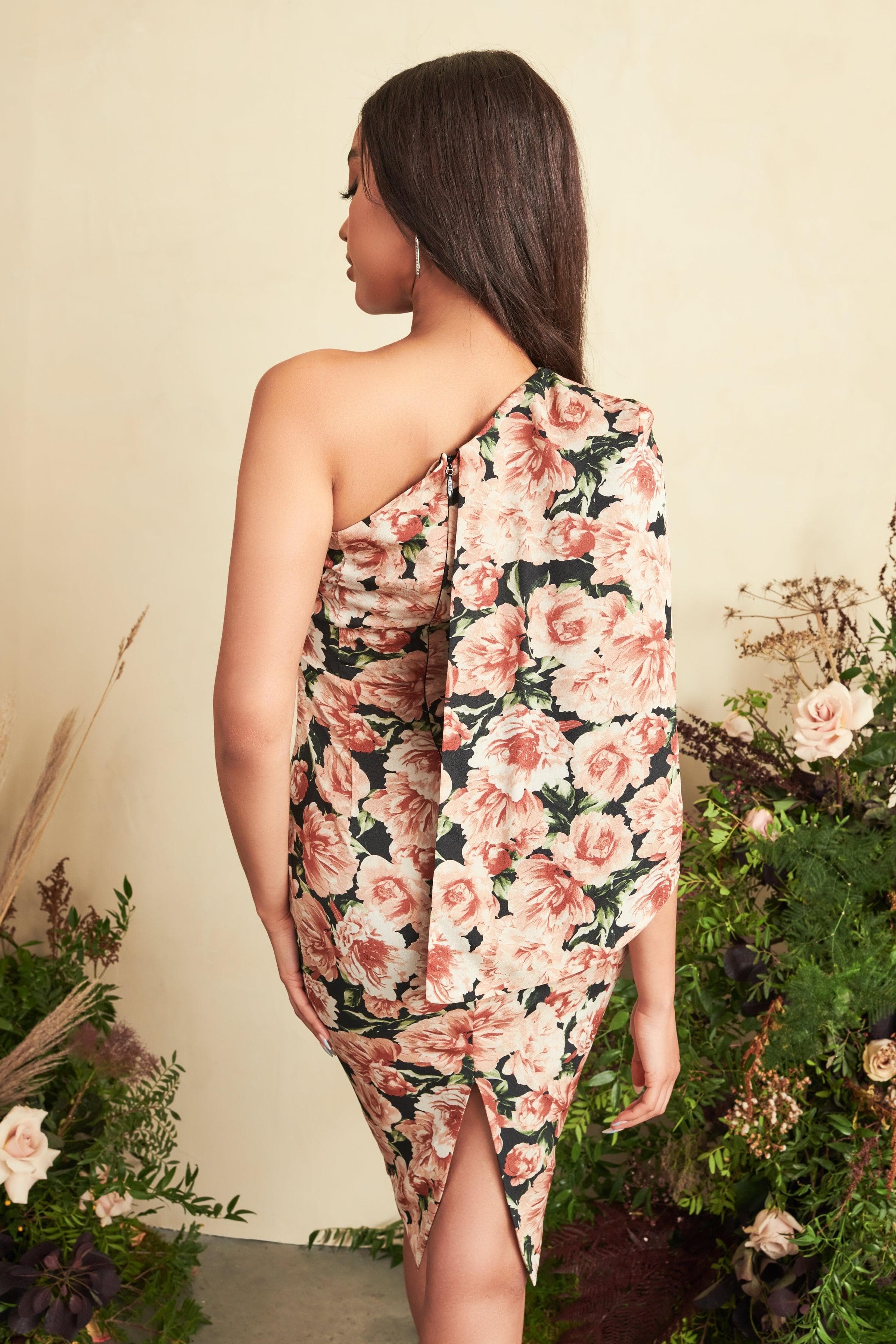 TEAGAN One Shoulder Cape Midi Dress in Dark Floral - Lavish Alice