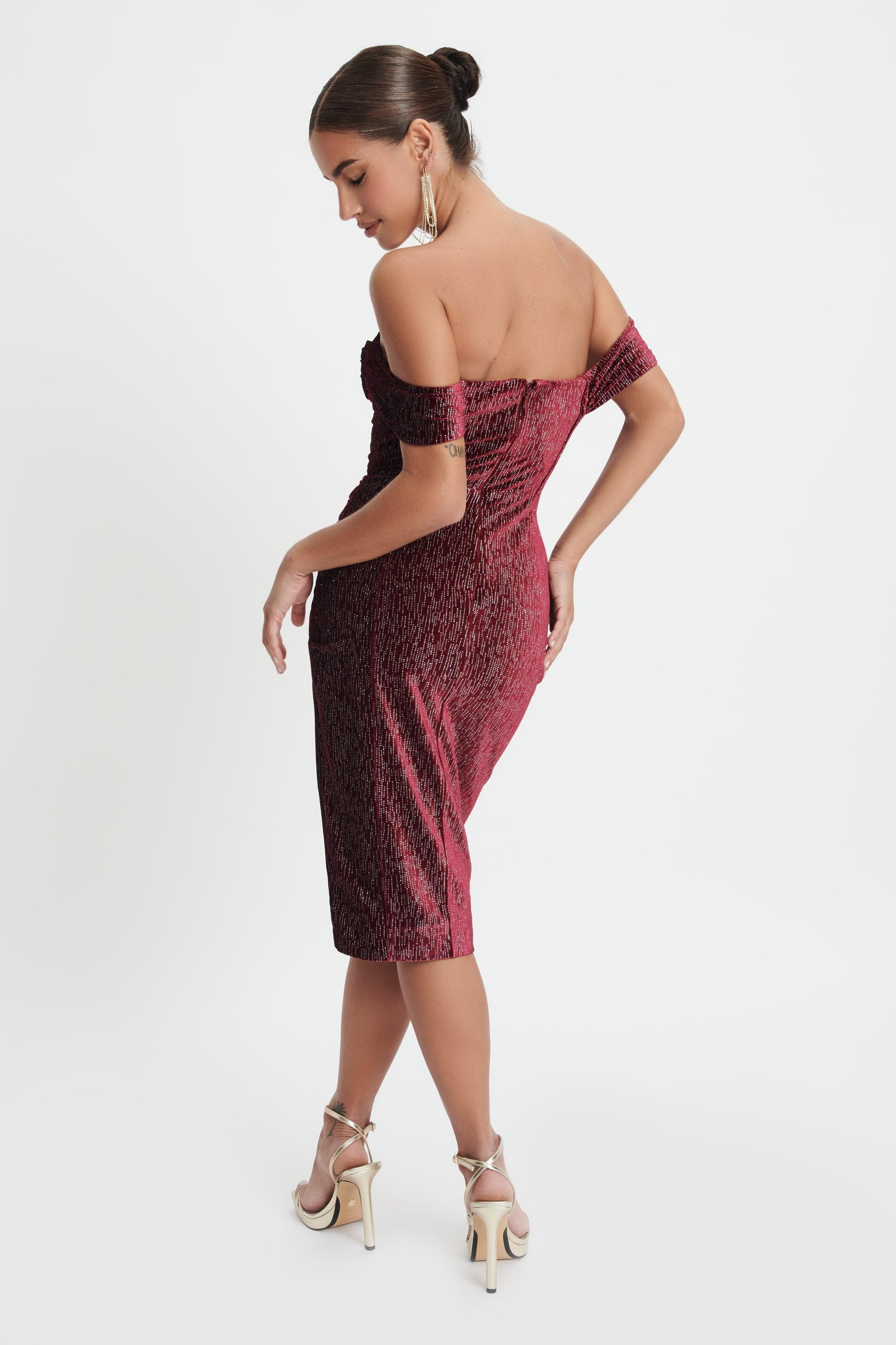 BLAKE Diamante Velvet Pleated Off Shoulder Midi Dress In Burgundy - Lavish Alice