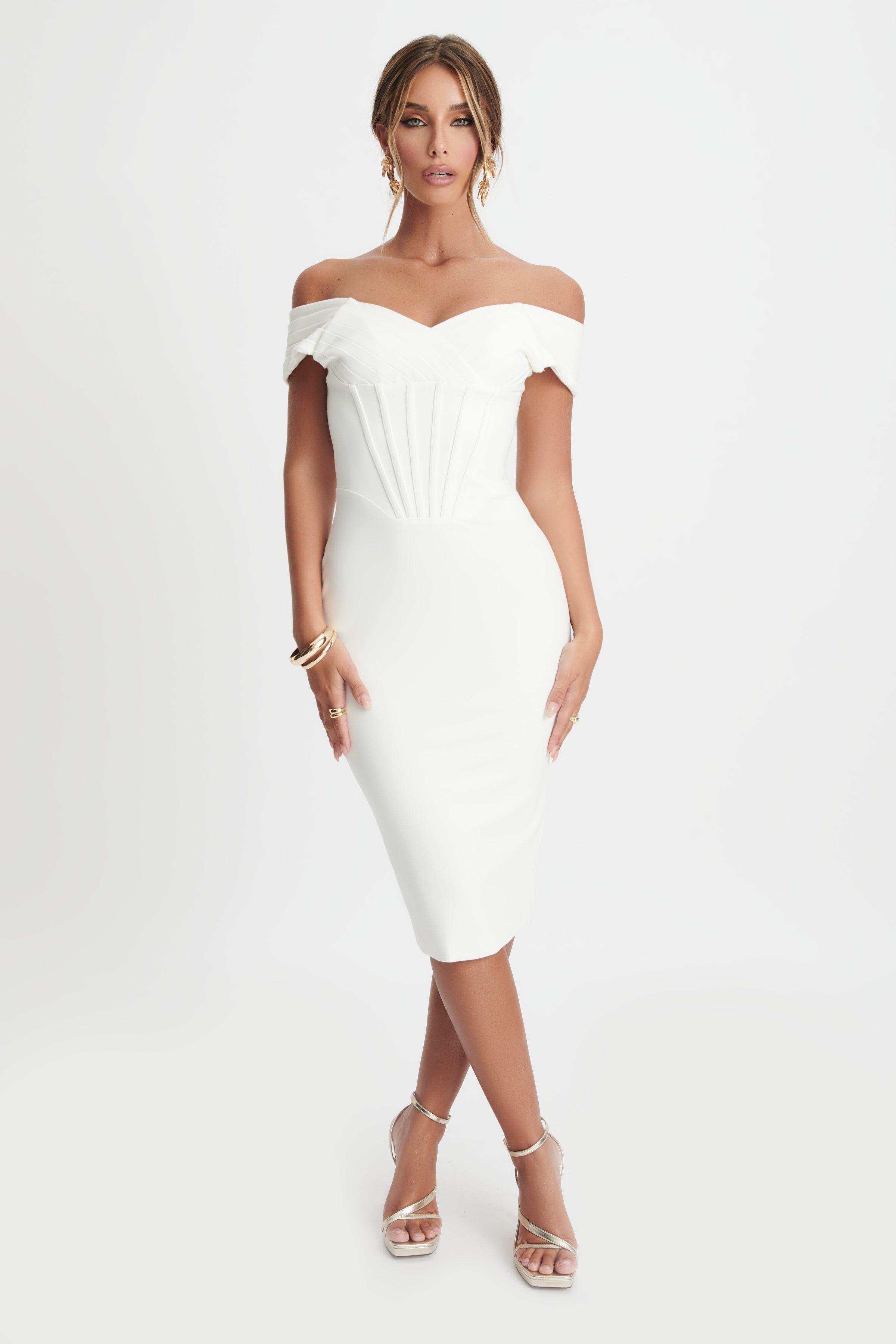 AMY Pleated Off Shoulder Corset Midi Dress In White - Lavish Alice