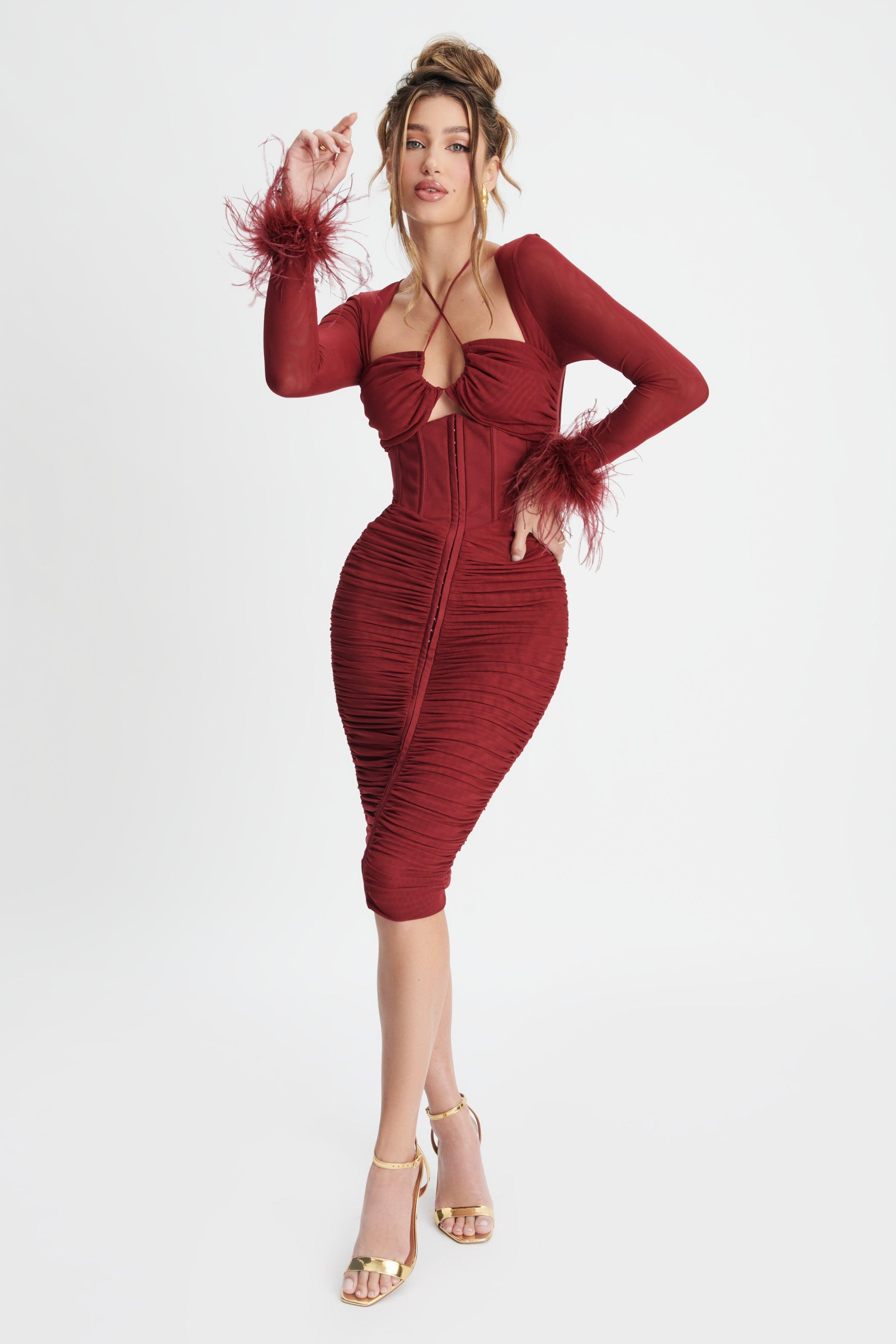 CATALINA Gathered Mesh Midi Dress With Feather Cuffs In Burgundy - Lavish Alice