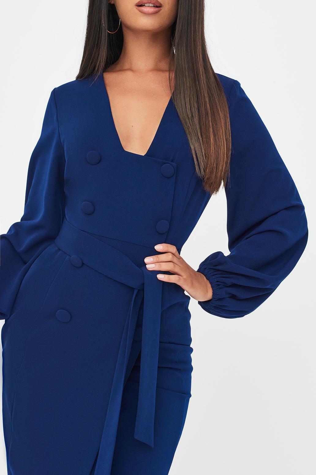Balloon Sleeve Button Detail Dress in Navy - Lavish Alice