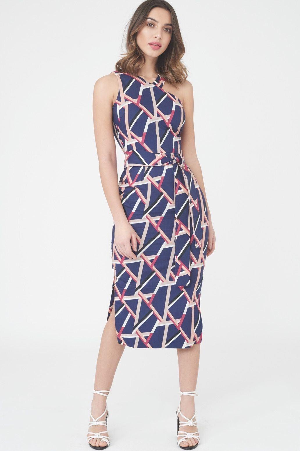 Abstract Print One Shoulder Midi Dress - Lavish Alice